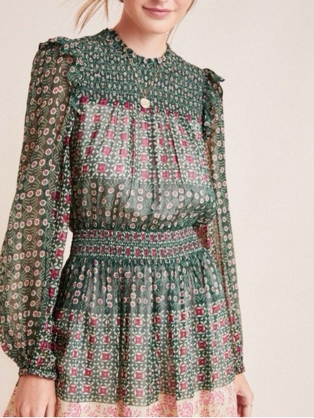 Anthropologie Green and Pink Printed Smocked Long-Sleeve Dress